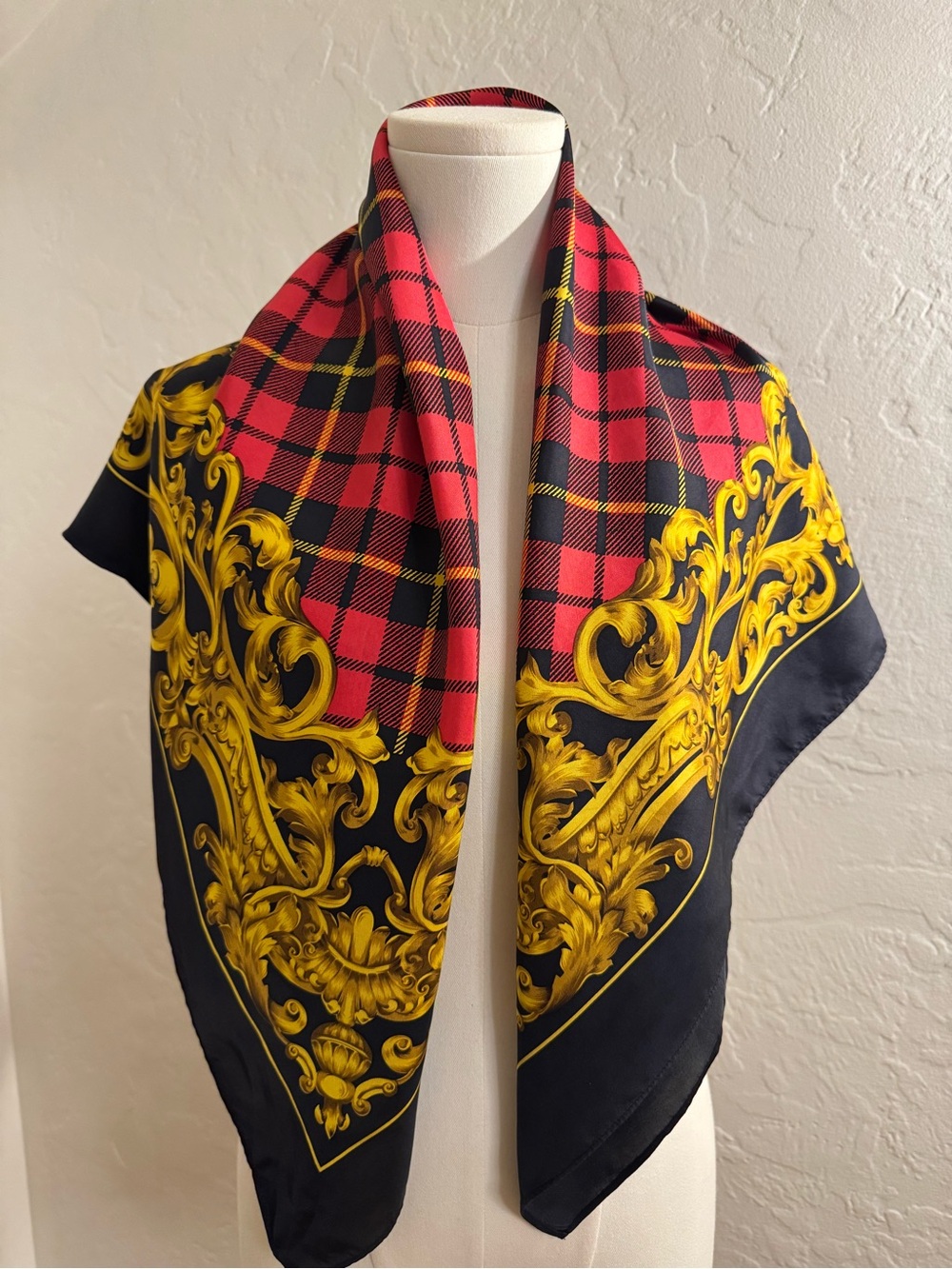 Vintage 100% Silk Square Scarf Red Tartan Plaid Gold Baroque 34”